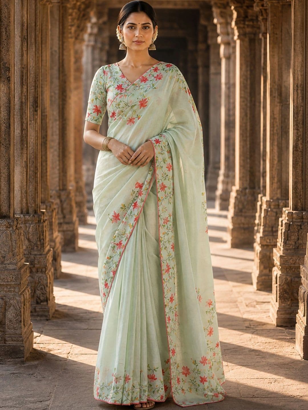 Aldwych Floral Linen Blend Designer Block Print Saree - view 1