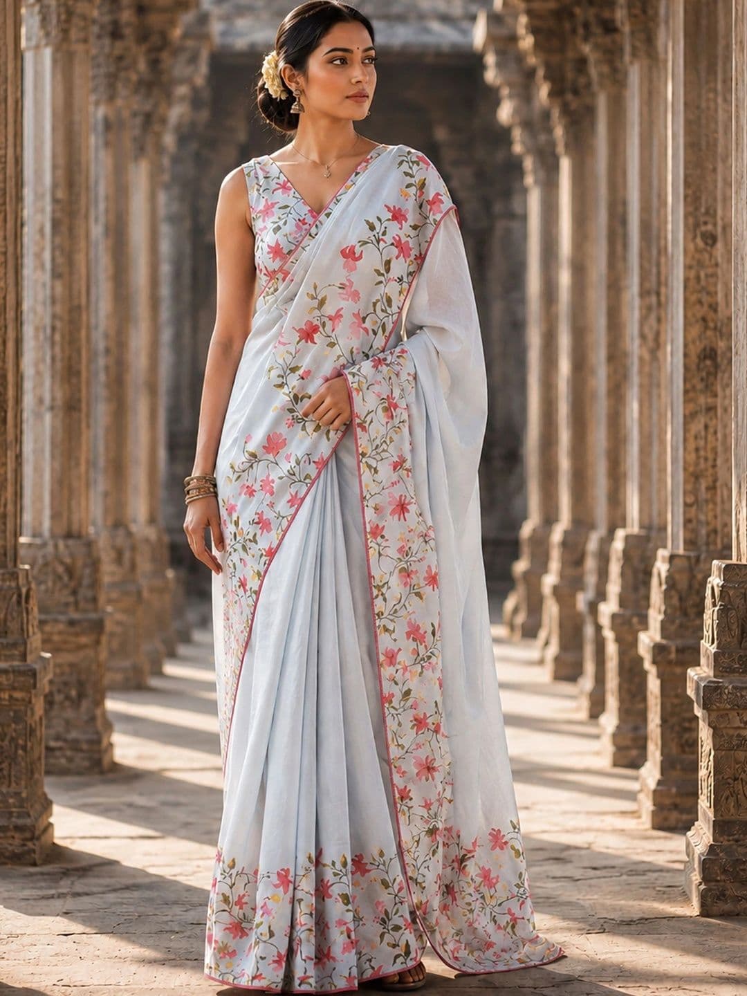 Aldwych Floral Linen Blend Designer Block Print Saree thumbnail 5