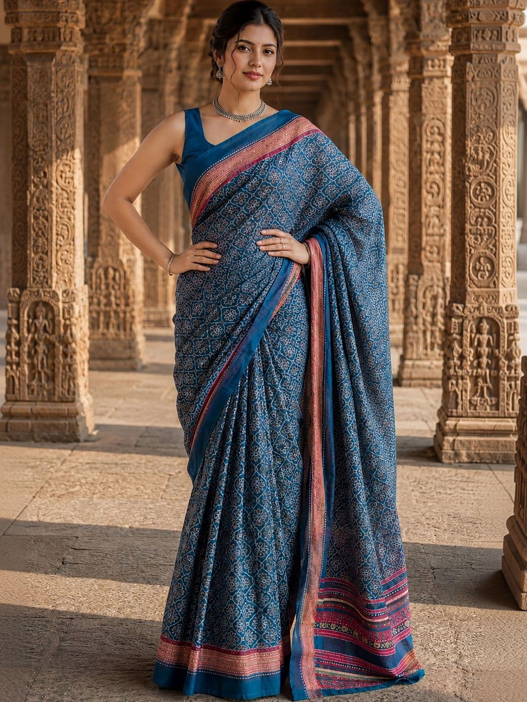 Aldwych Linen Blend Designer Block Print Saree thumbnail 4