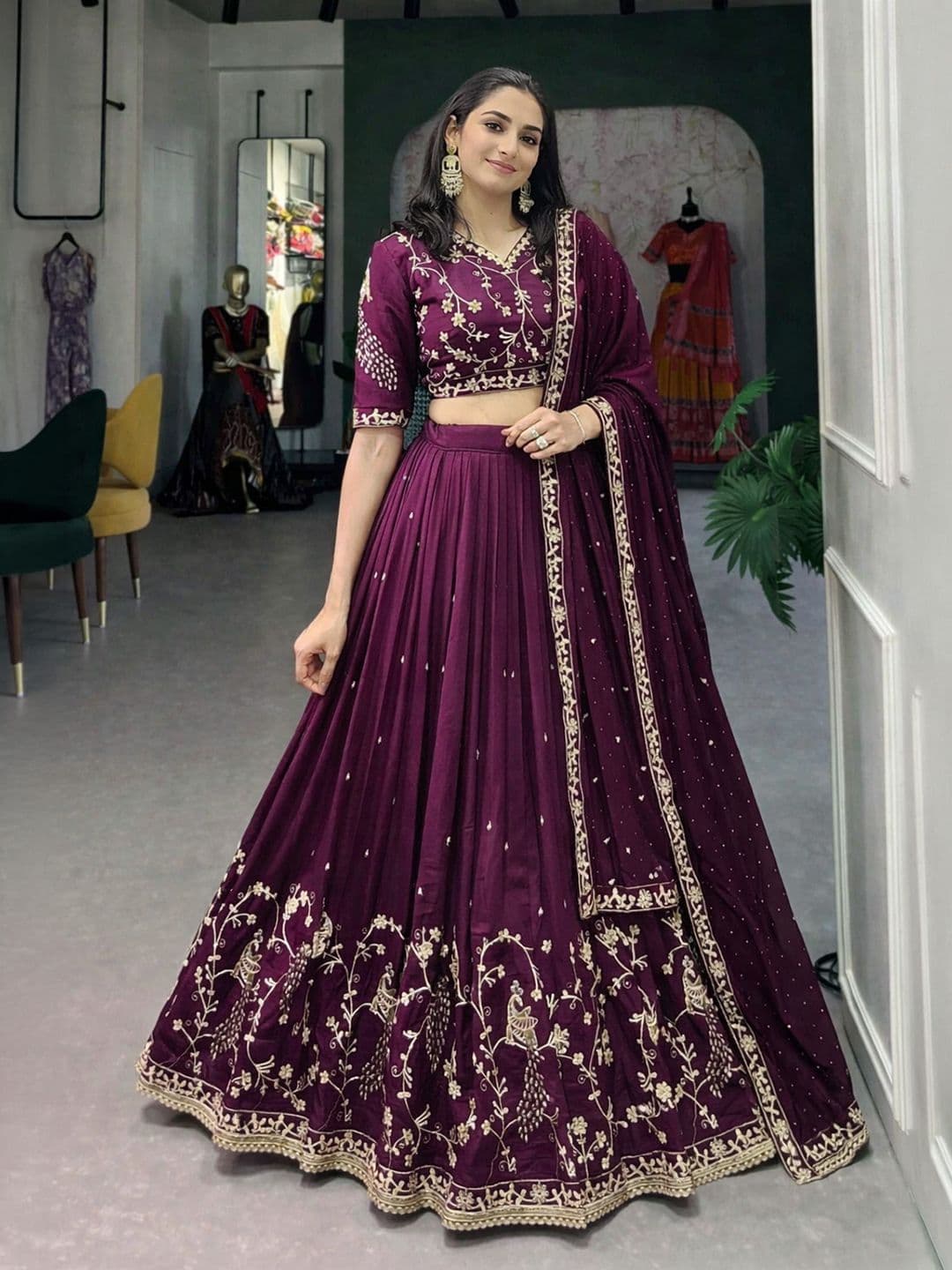 KRYSAL Embroidered Thread Work Semi-Stitched Lehenga & Blouse With Dupatta - view 1