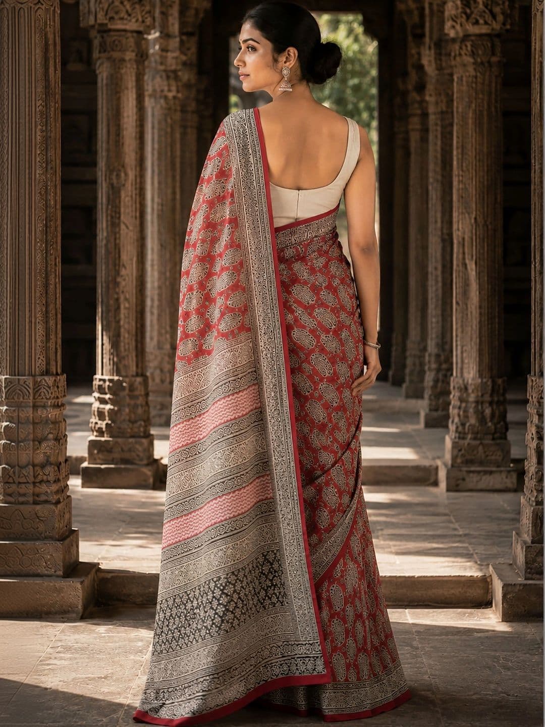 KALINI Linen Blend Designer Block Print Saree thumbnail 5