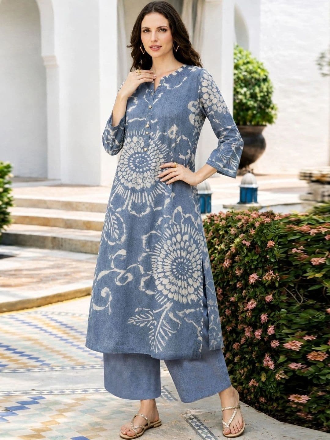 GoSriKi Women Printed Regular Kurta with Palazzos thumbnail 4