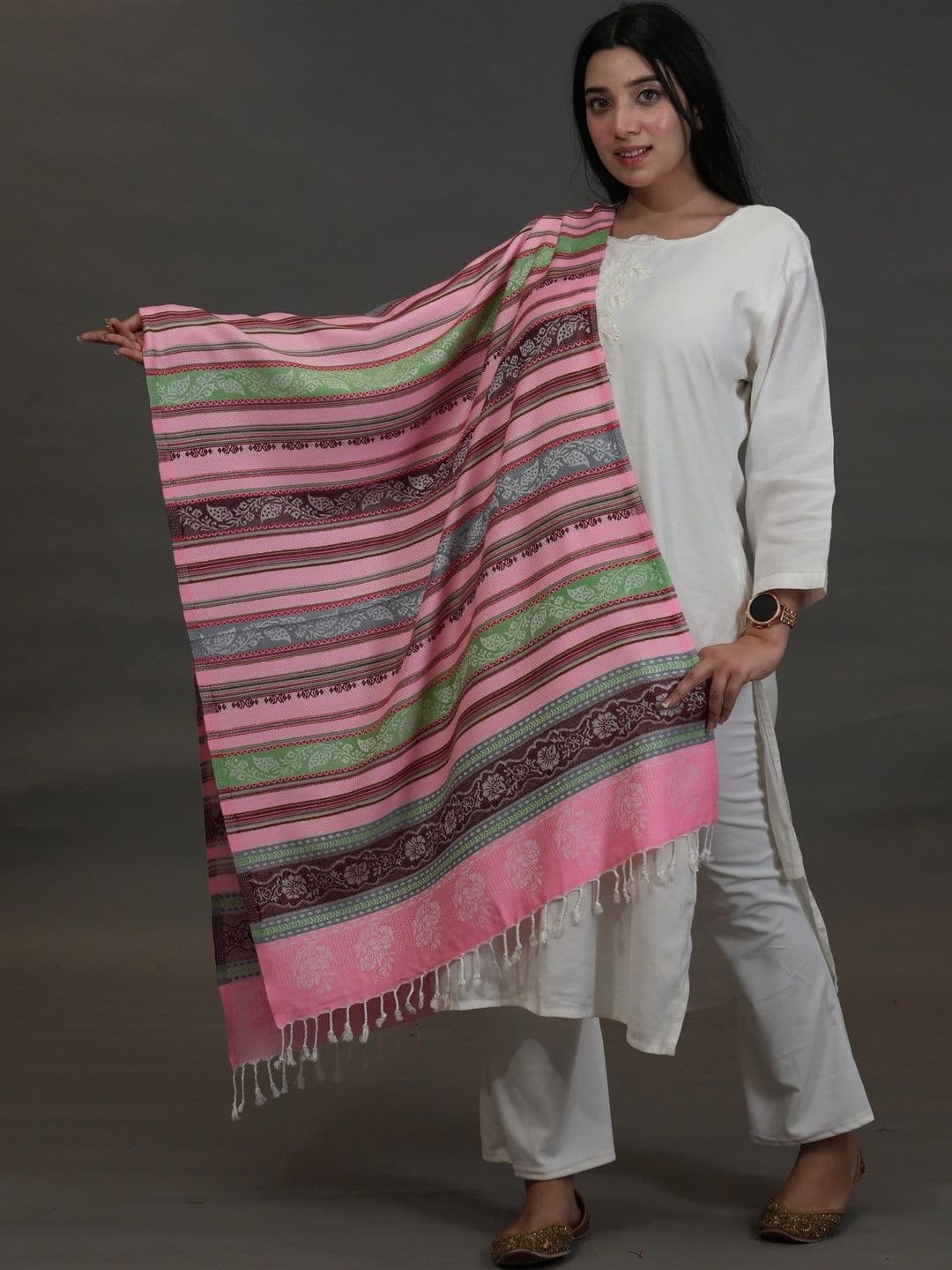 SHIFNEEN Women Striped Woven Design Acrylic Shawl - view 1