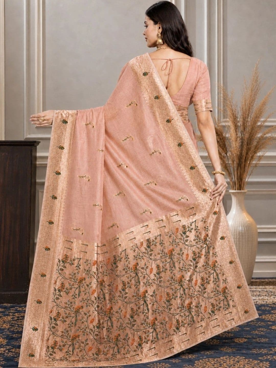 Anouk Floral Zari Pure Cotton Chanderi Saree thumbnail 3