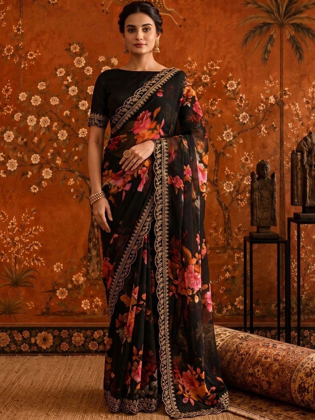 Sangria Floral Embroidered Poly Georgette Saree thumbnail 5