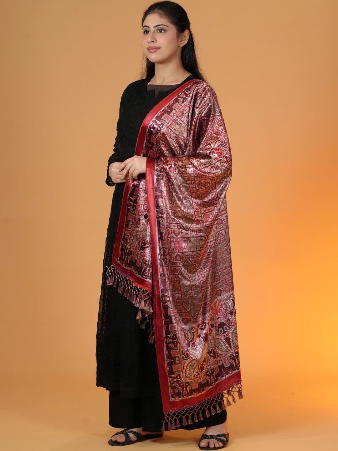 SHIFNEEN Women Ethnic Motifs Printed Velvet Shawl thumbnail 3