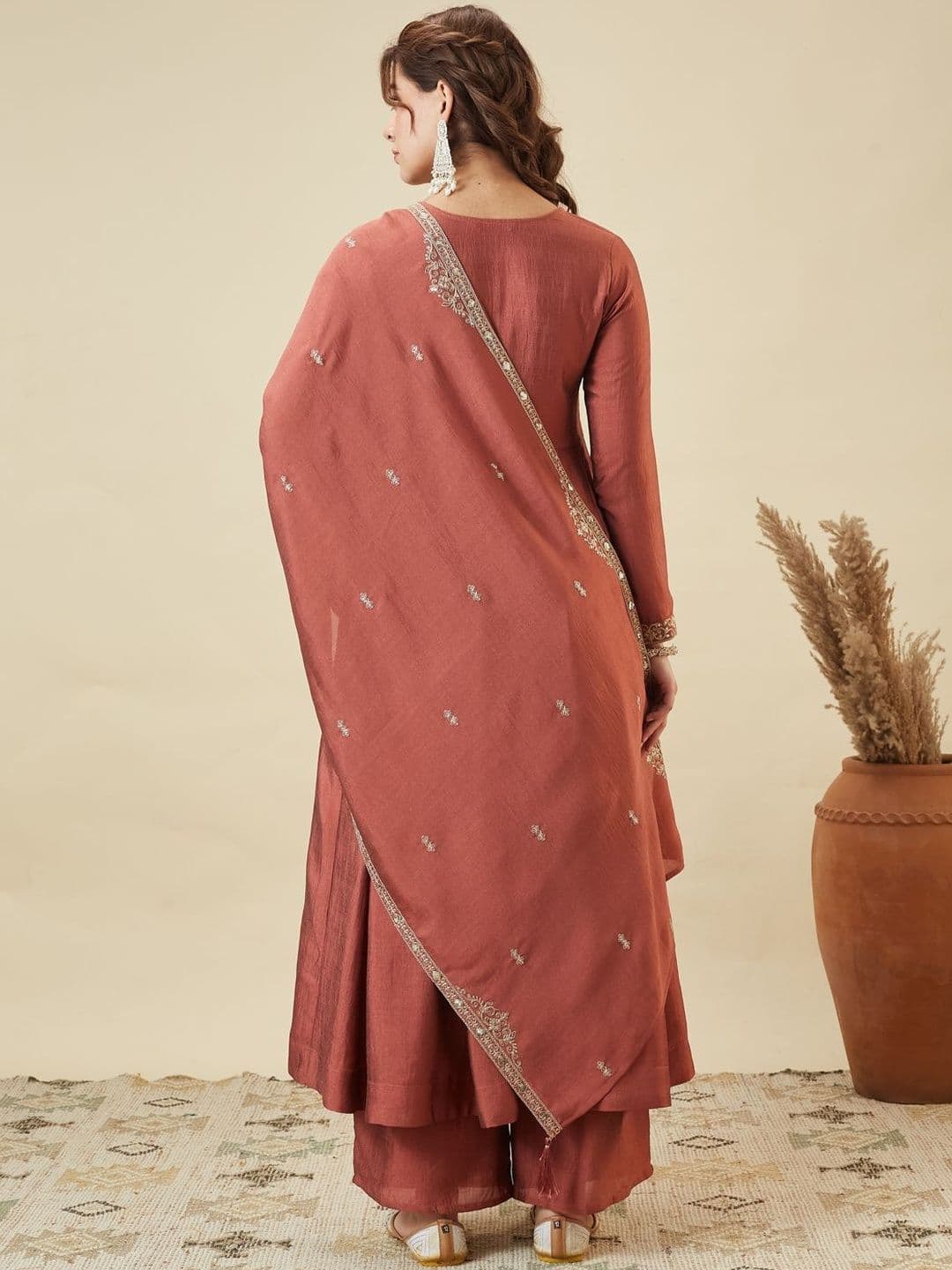 Colors  of Earth Colors of Earth Silk Embroidered Anarkali Kurta And Palazzo Set With Dupatta thumbnail 6