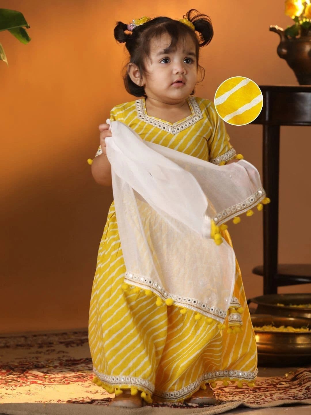 VASTRAMAY Girls Printed Mirror Work Ready to Wear Lehenga & Blouse Tassels - view 1