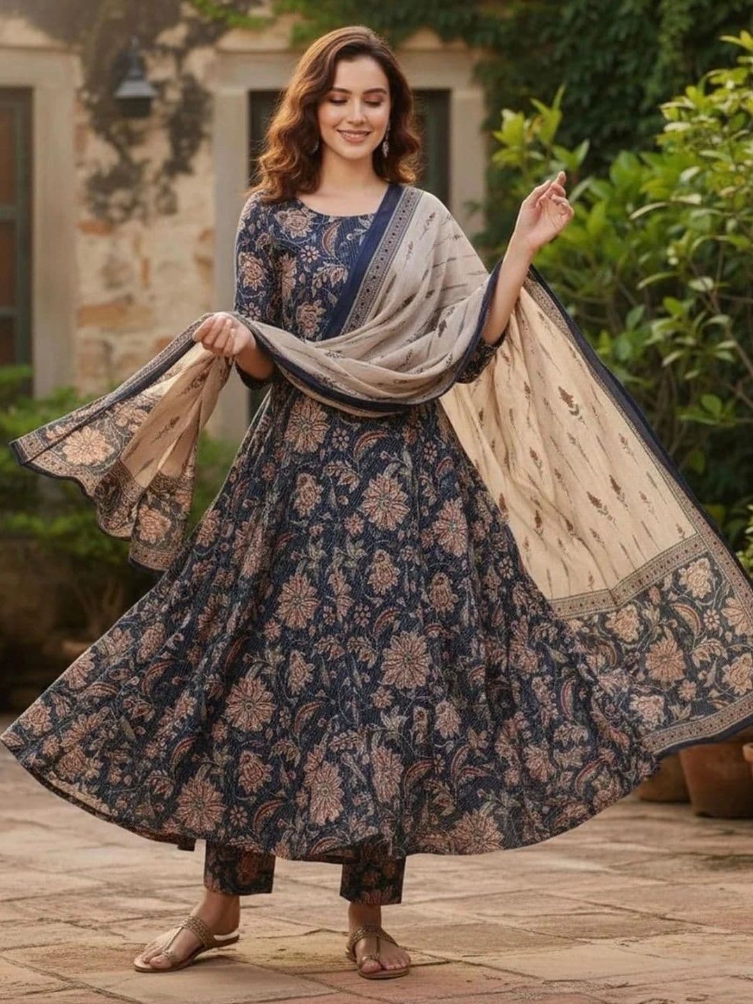 Mogra Designs Women Floral Printed Empire Kurta with Trousers & With Dupatta thumbnail 3