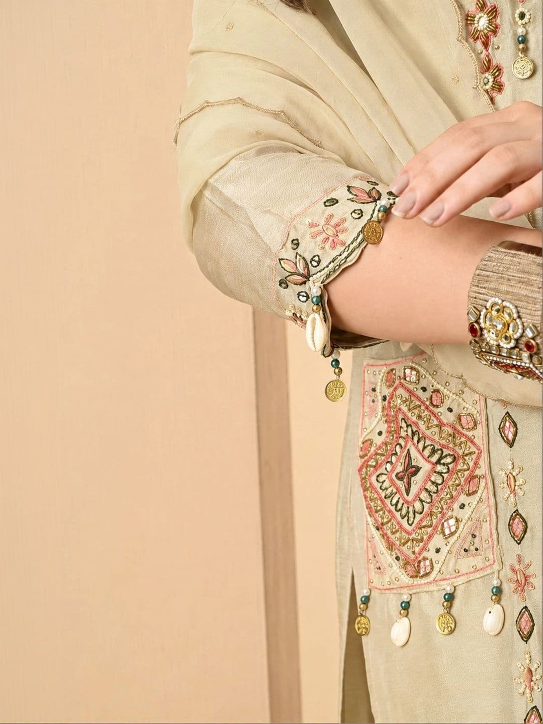 YAROSHI FASHION Women Beige Embroidered Silk Blend A-Line 3-Piece Kurta Set with Dupatta thumbnail 7