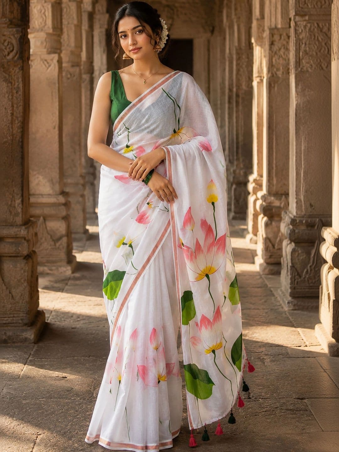 KALINI Floral Linen Blend Designer Block Print Saree - view 1