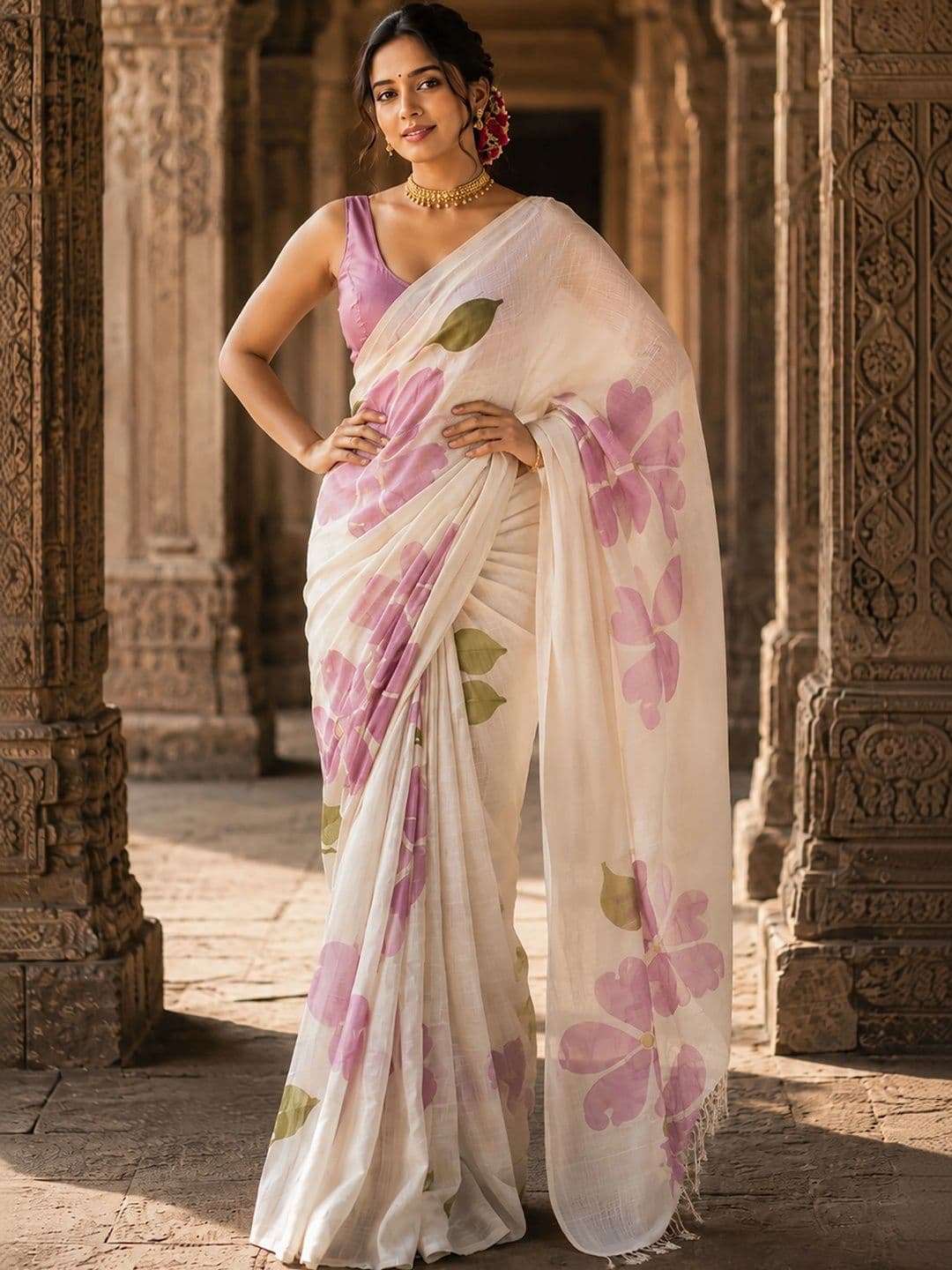 KALINI Floral Linen Blend Designer Block Print Saree thumbnail 2
