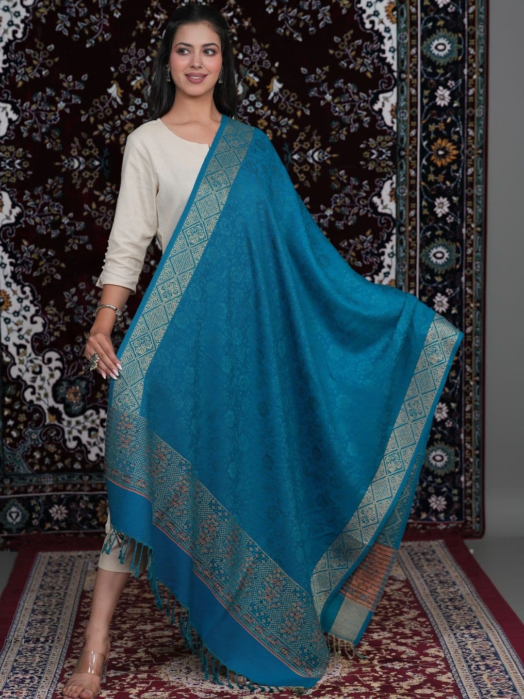 SHIFNEEN Women Ethnic Motifs Woven Design Acrylic Shawl thumbnail 3
