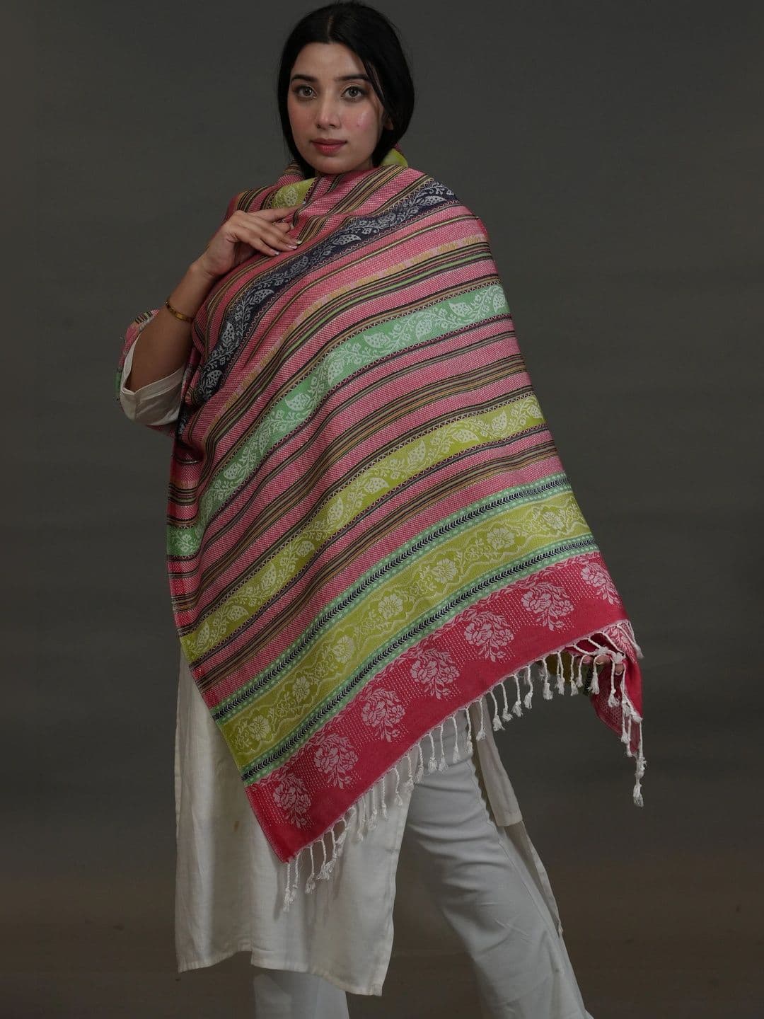 SHIFNEEN Women Striped Woven Design Acrylic Shawl thumbnail 3