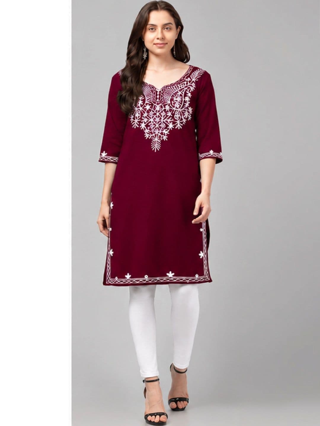 AFFLEON Women Embroidered Thread Work Woollen Kurta - view 1