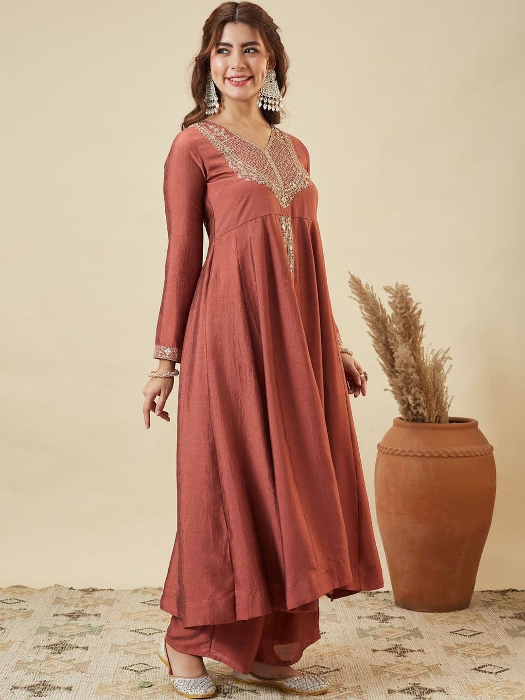 Colors  of Earth Colors of Earth Silk Embroidered Anarkali Kurta And Palazzo Set With Dupatta thumbnail 2