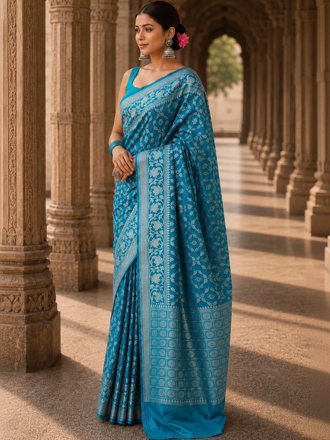 Anjaneya Sarees Woven Design Zari Silk Blend Designer Banarasi Saree thumbnail 2