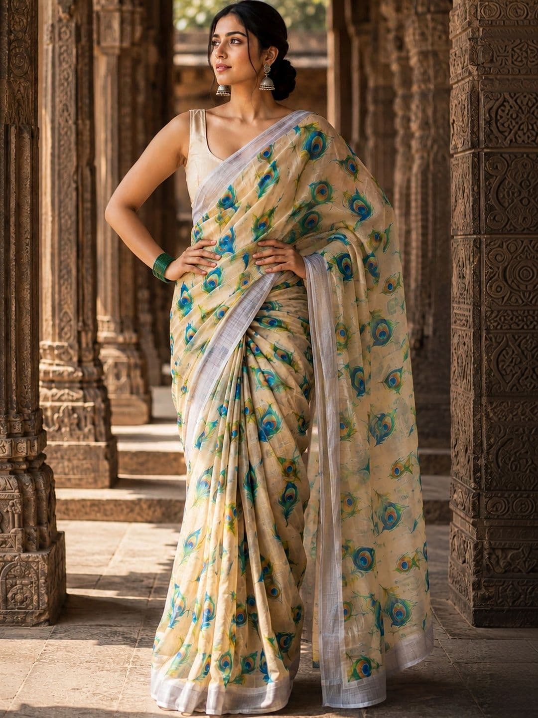 KALINI Floral Linen Blend Designer Block Print Saree thumbnail 5