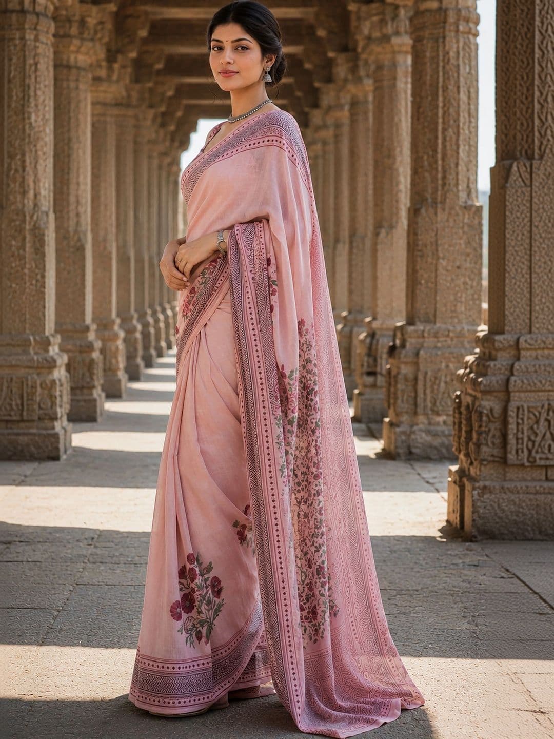 Aldwych Floral Linen Blend Fusion Block Print Saree thumbnail 5