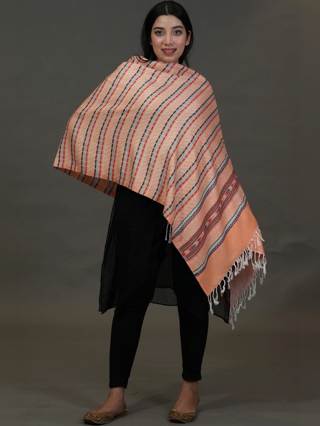 SHIFNEEN Women Striped Woven Design Acrylic Shawl thumbnail 2