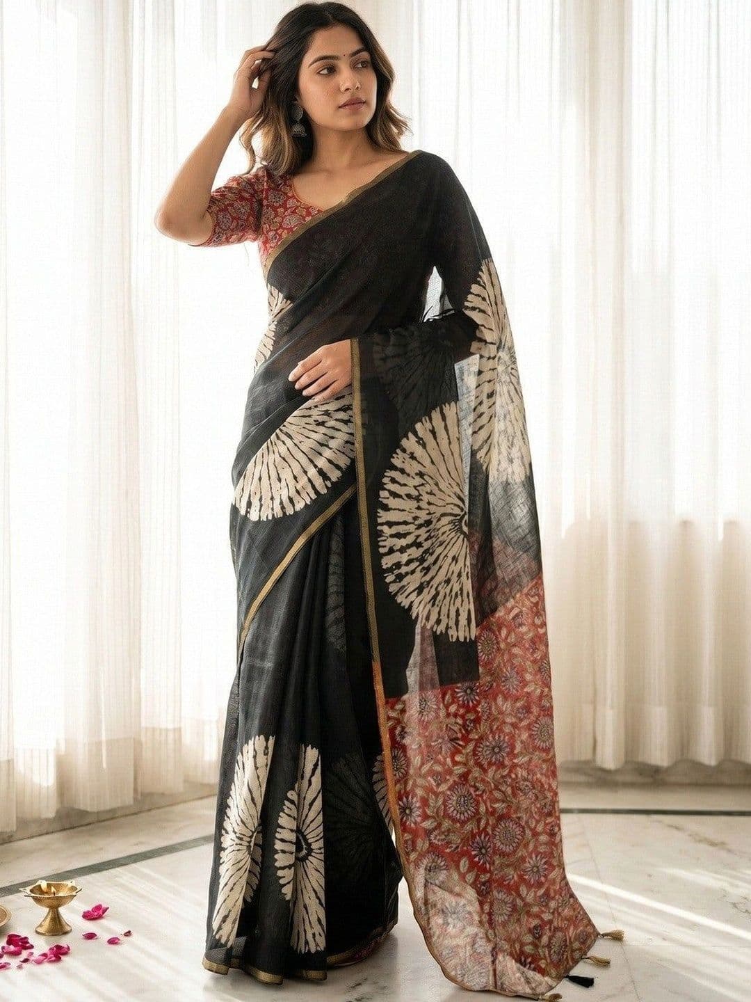 Peachmode Tie and Dye Linen Blend Fusion Saree - view 1