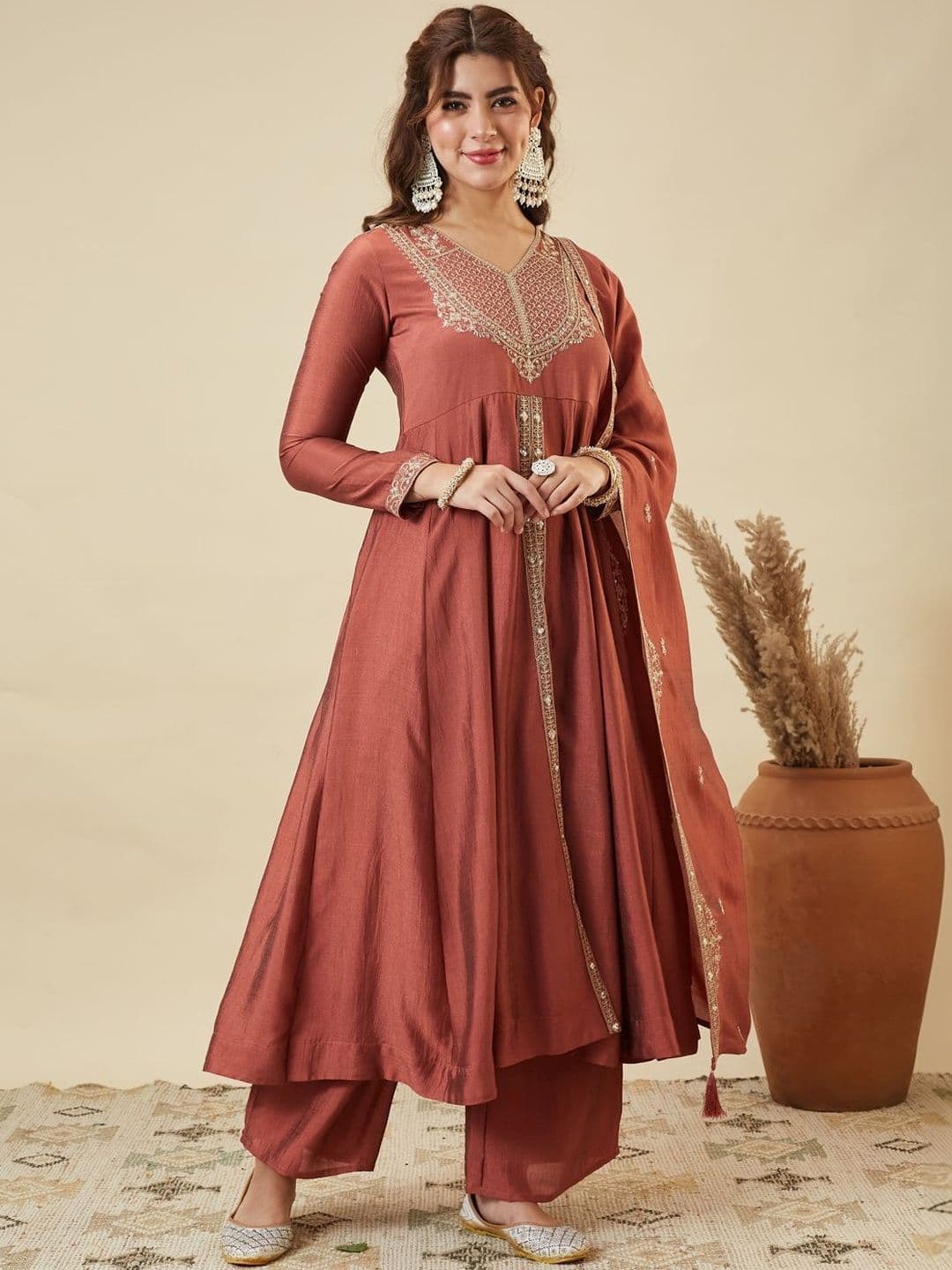 Colors  of Earth Colors of Earth Silk Embroidered Anarkali Kurta And Palazzo Set With Dupatta thumbnail 4