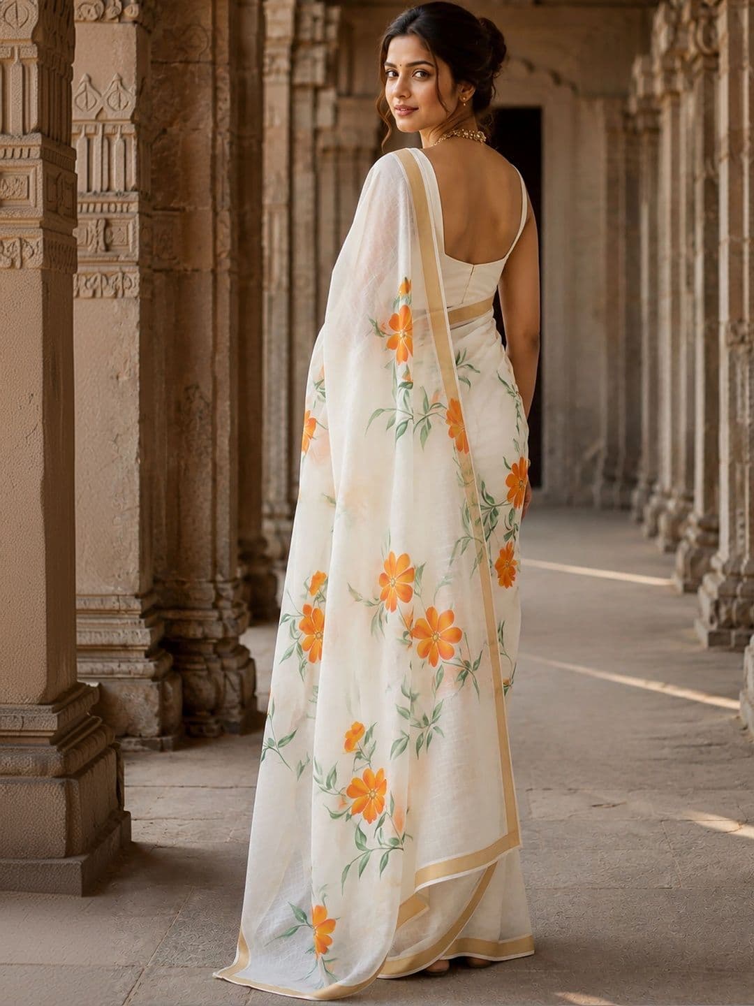 Mitera Floral Linen Blend Designer Block Print Saree thumbnail 3