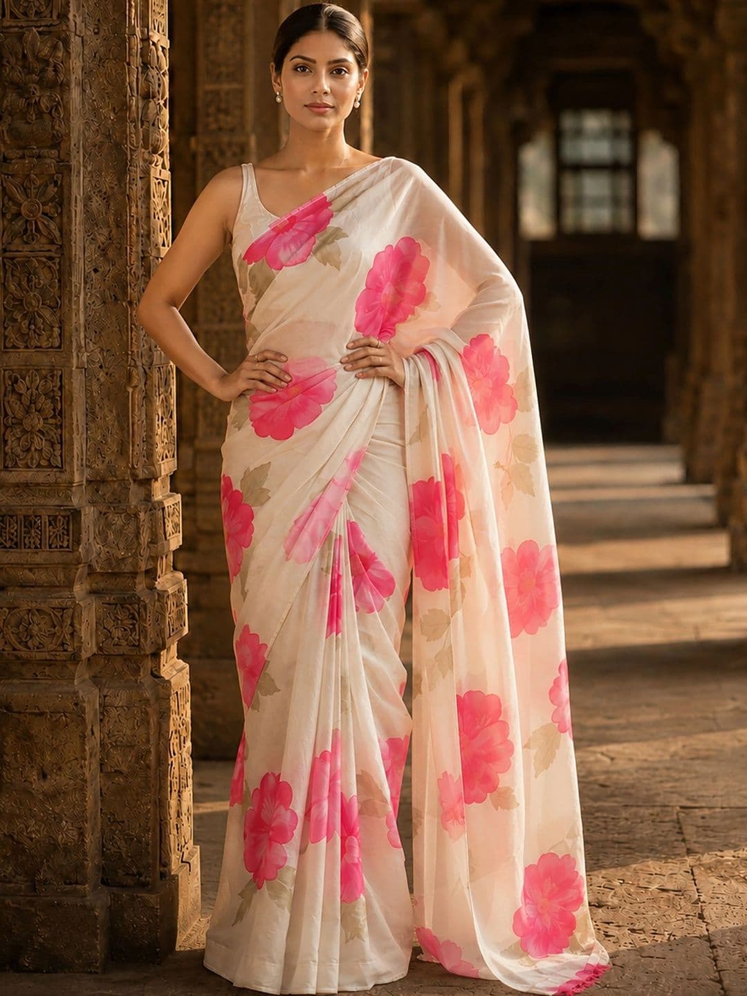 KALINI Floral Linen Blend Designer Block Print Saree thumbnail 2