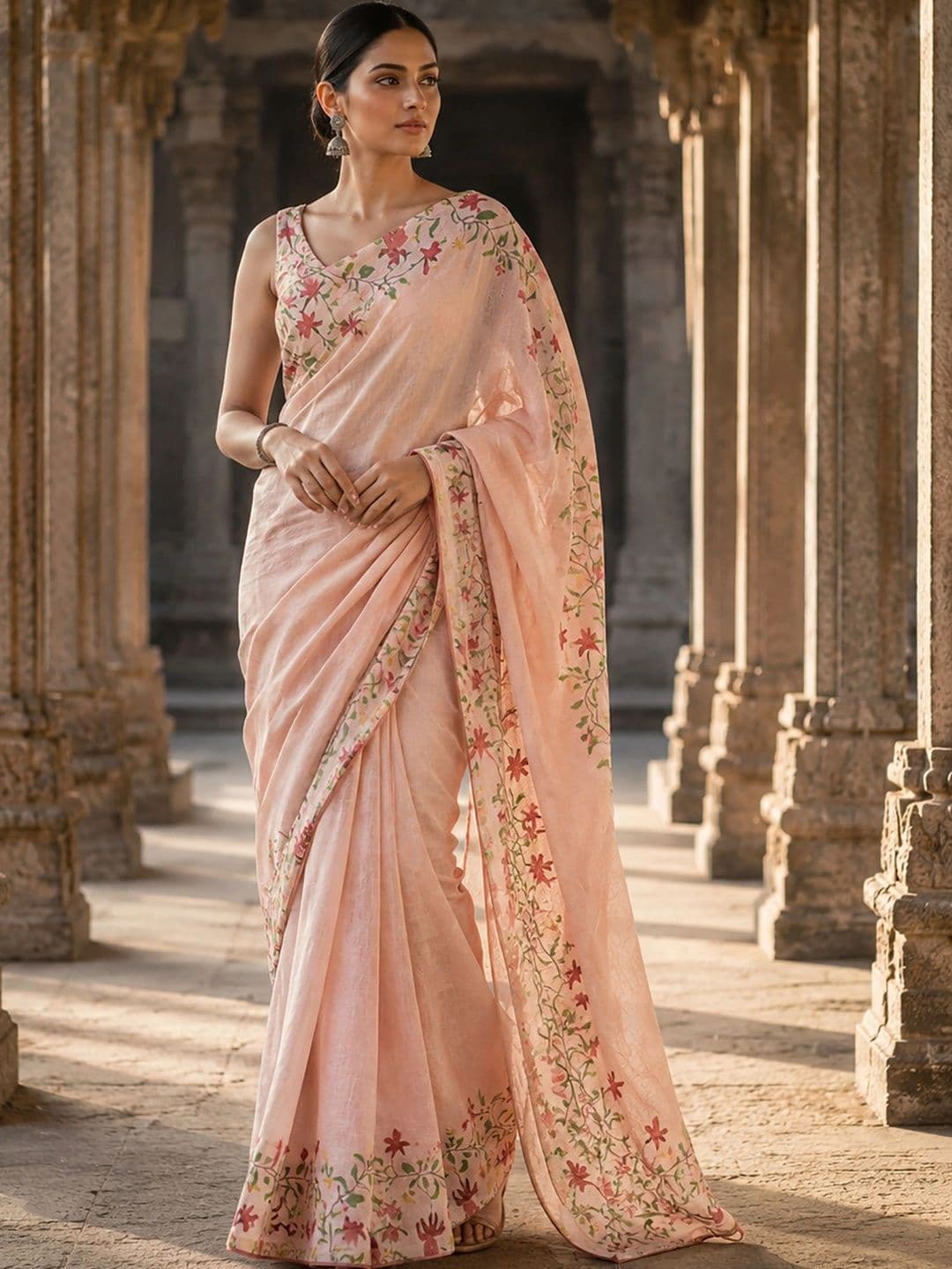 Aldwych Embroidered Linen Blend Designer Block Print Saree thumbnail 4