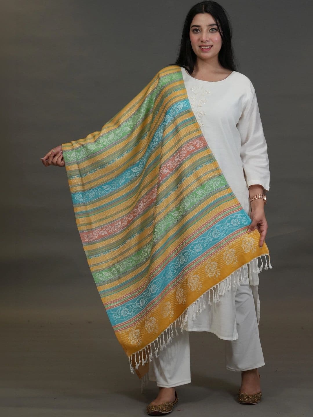 SHIFNEEN Women Striped Woven Design Acrylic Shawl - view 1