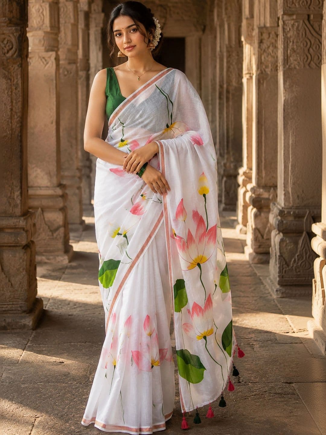 Mitera Floral Linen Blend Designer Block Print Saree - view 1