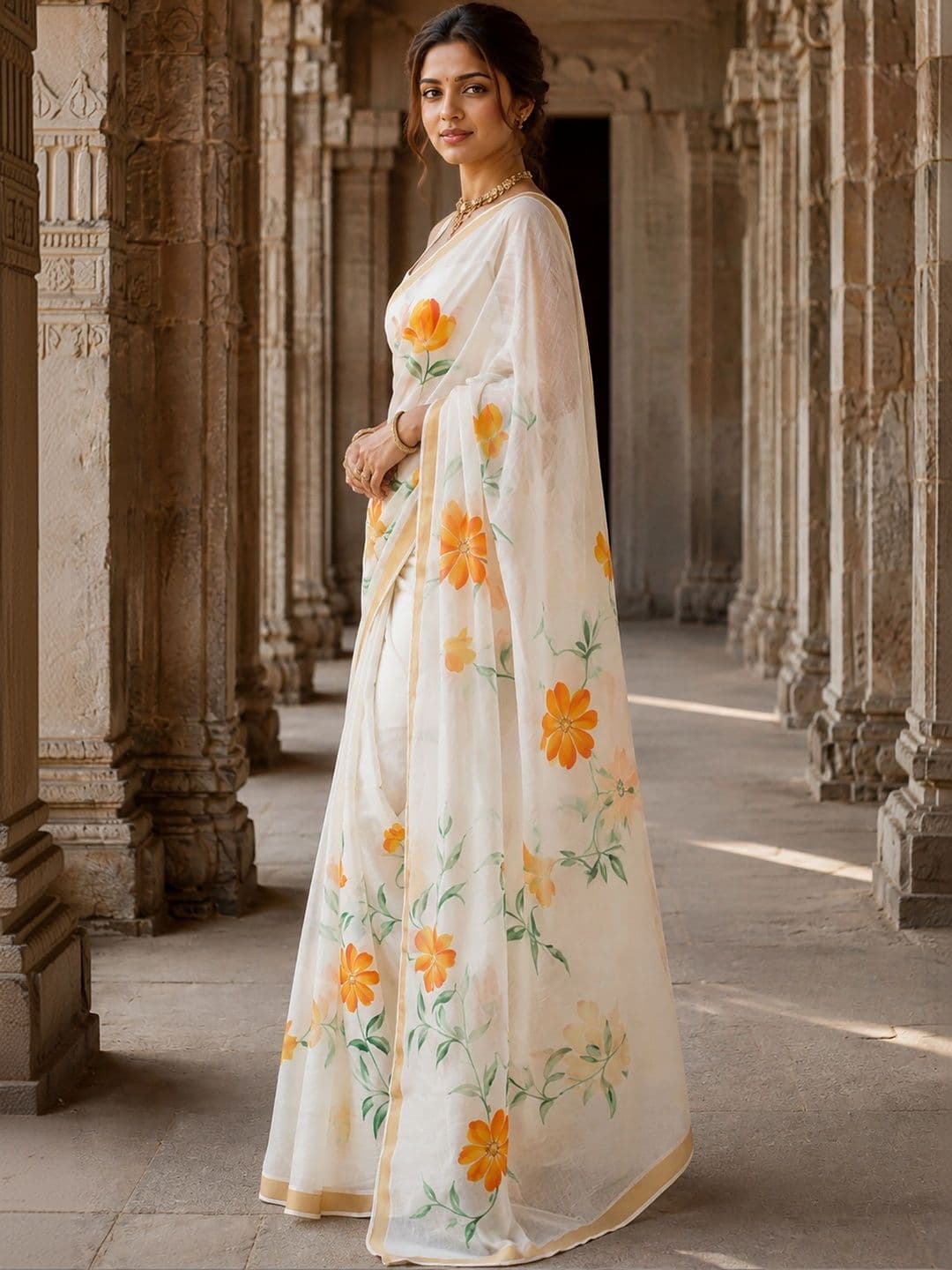 Mitera Floral Linen Blend Designer Block Print Saree thumbnail 5
