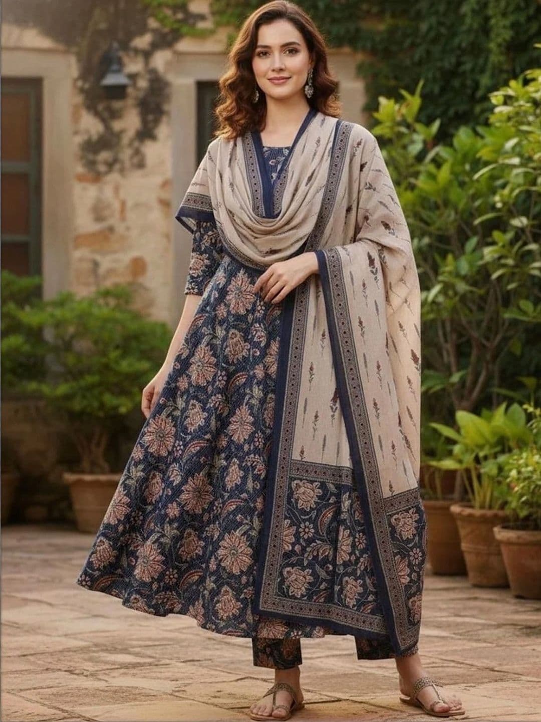 Mogra Designs Women Floral Printed Empire Kurta with Trousers & With Dupatta thumbnail 2