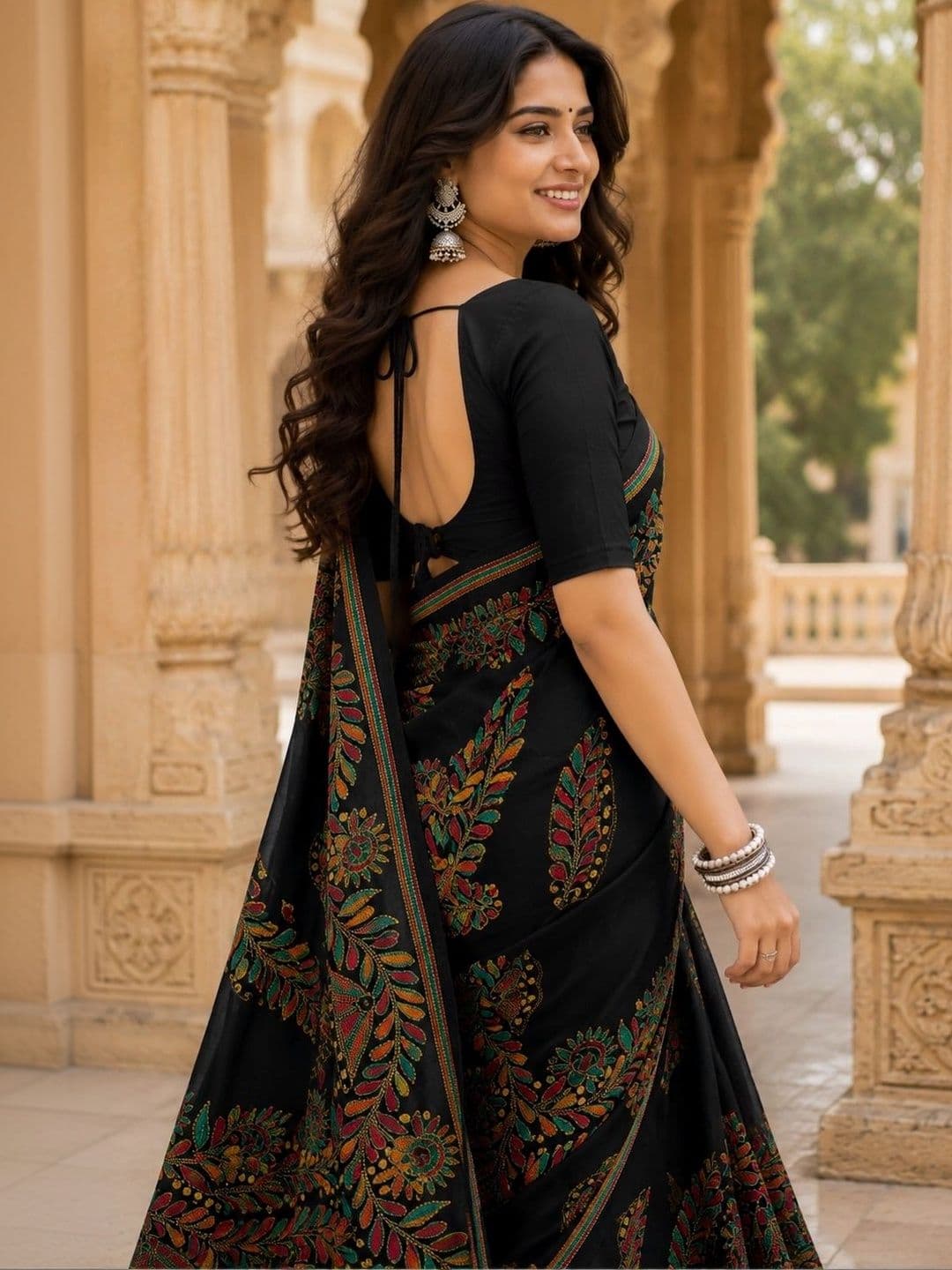 HERE&NOW X Minu Fashions Floral Embroidered Pure Cotton Block Print Saree thumbnail 4