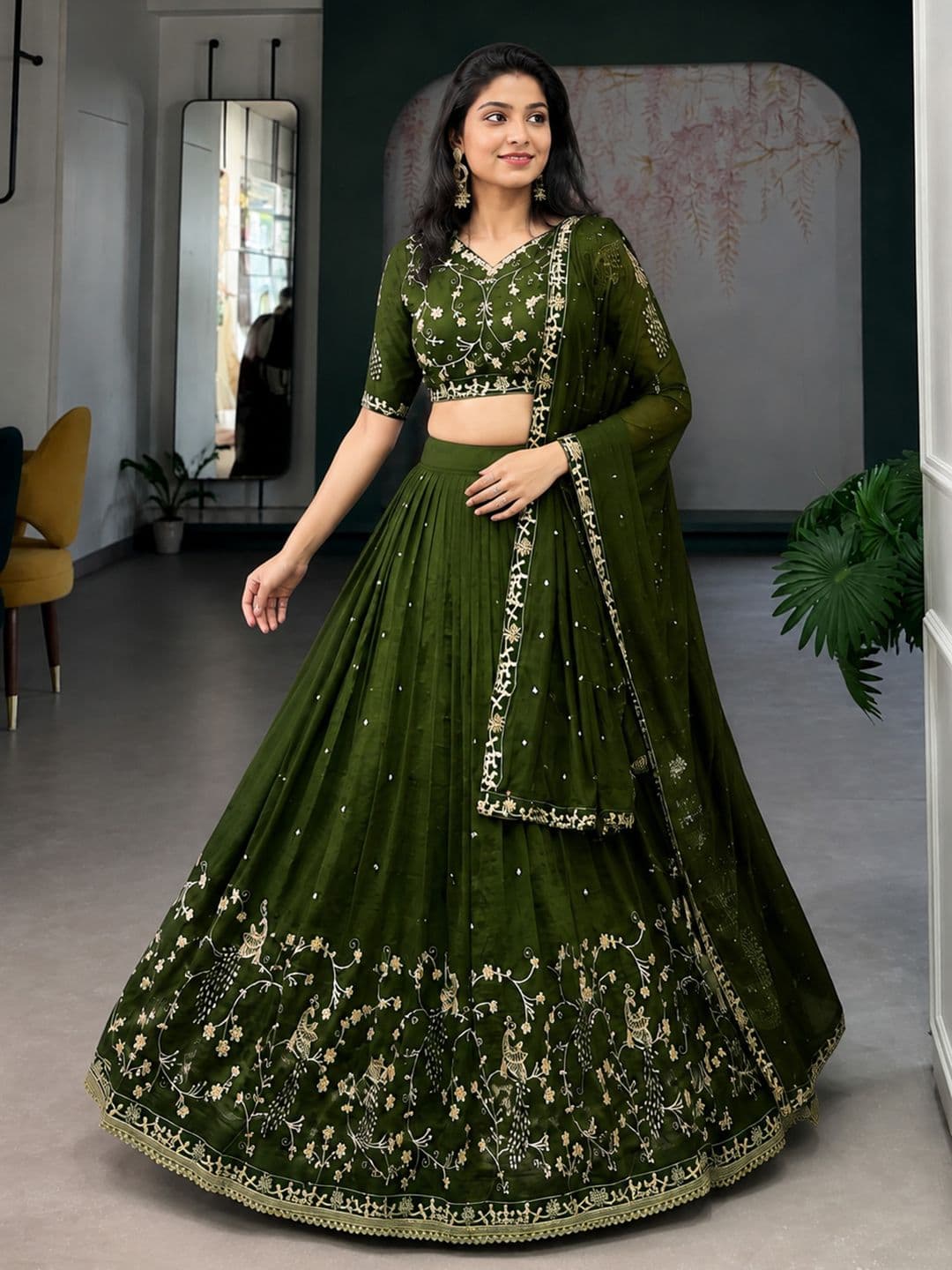KRYSAL Embroidered Thread Work Semi-Stitched Lehenga & Blouse With Dupatta thumbnail 4