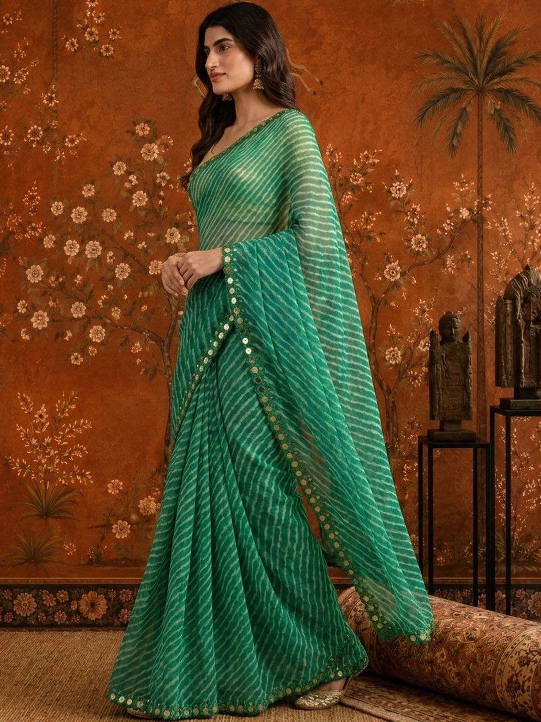Sangria Leheriya Mirror Work Poly Chiffon Saree thumbnail 6