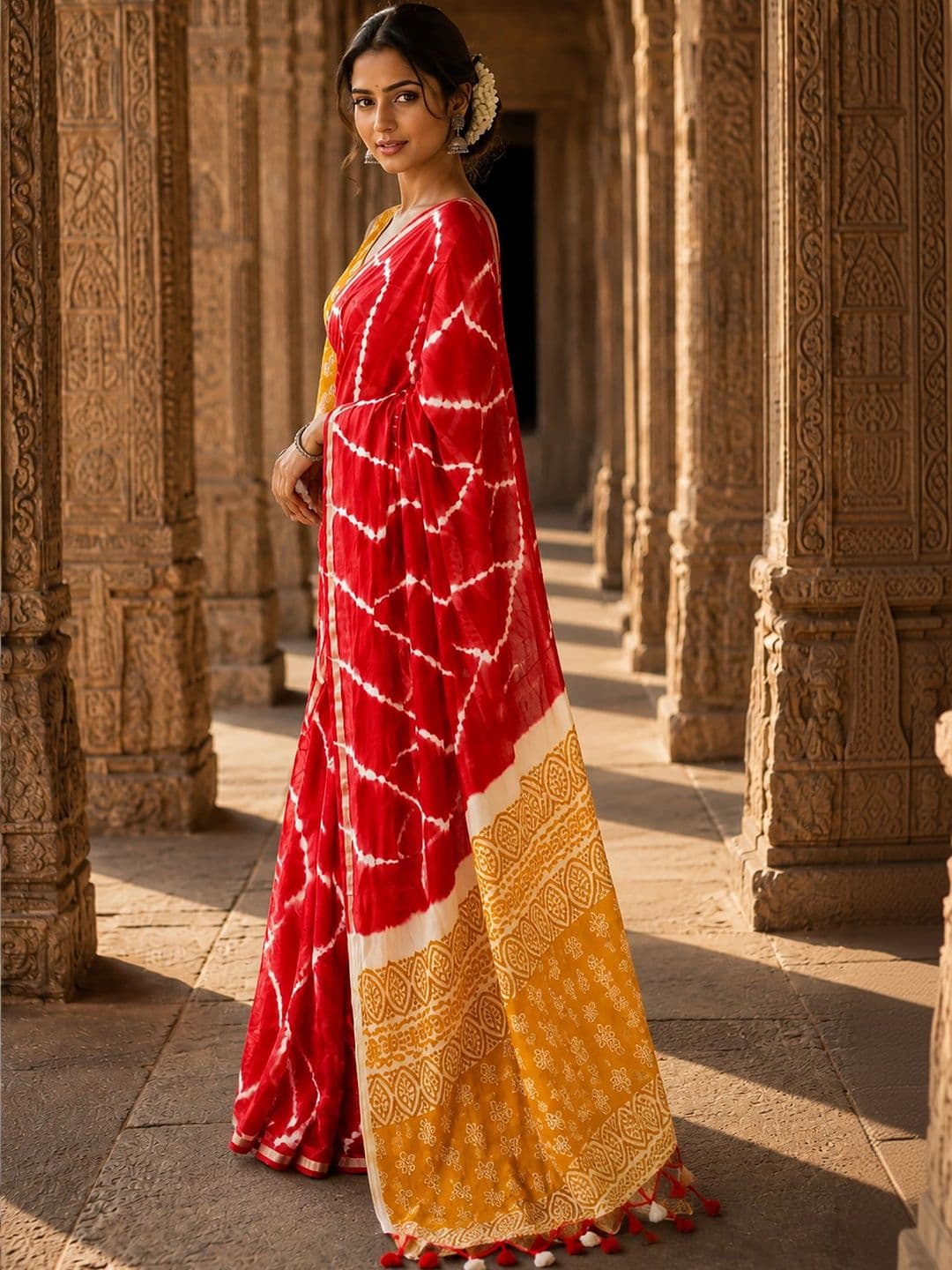 KALINI Tie and Dye Linen Blend Designer Block Print Saree thumbnail 3