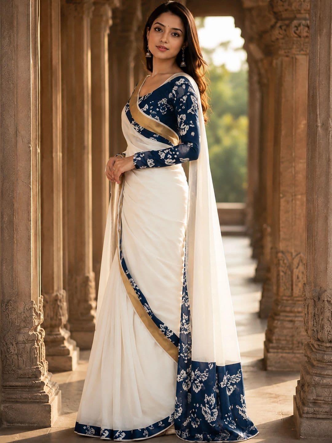 KALINI Floral Linen Blend Designer Block Print Saree thumbnail 2