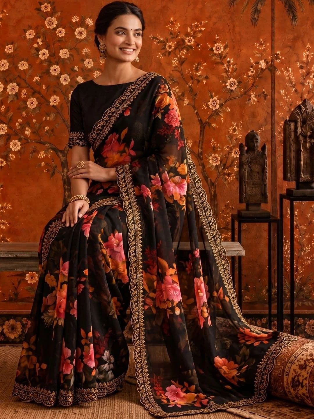 Sangria Floral Embroidered Poly Georgette Saree thumbnail 2