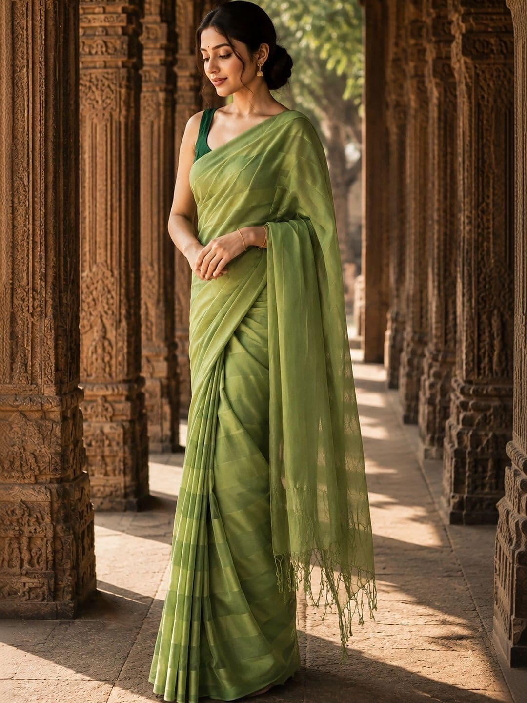 KALINI Striped Linen Blend Designer Block Print Saree thumbnail 3