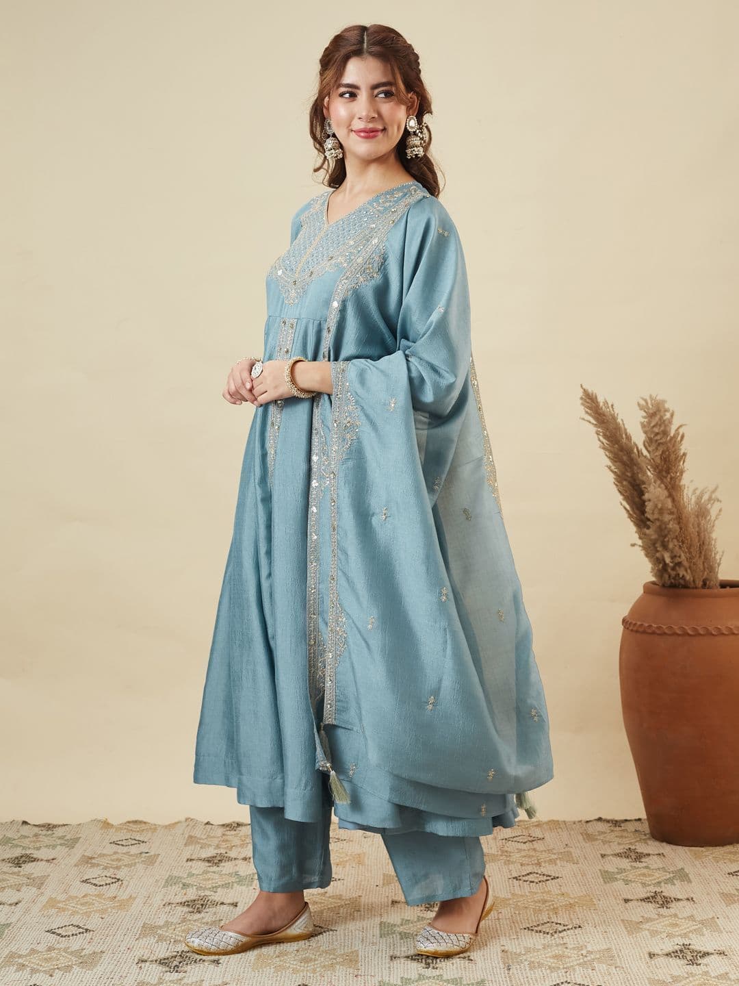 Colors  of Earth Colors of Earth Silk Embroidered Anarkali Kurta And Palazzo Set With Dupatta thumbnail 2