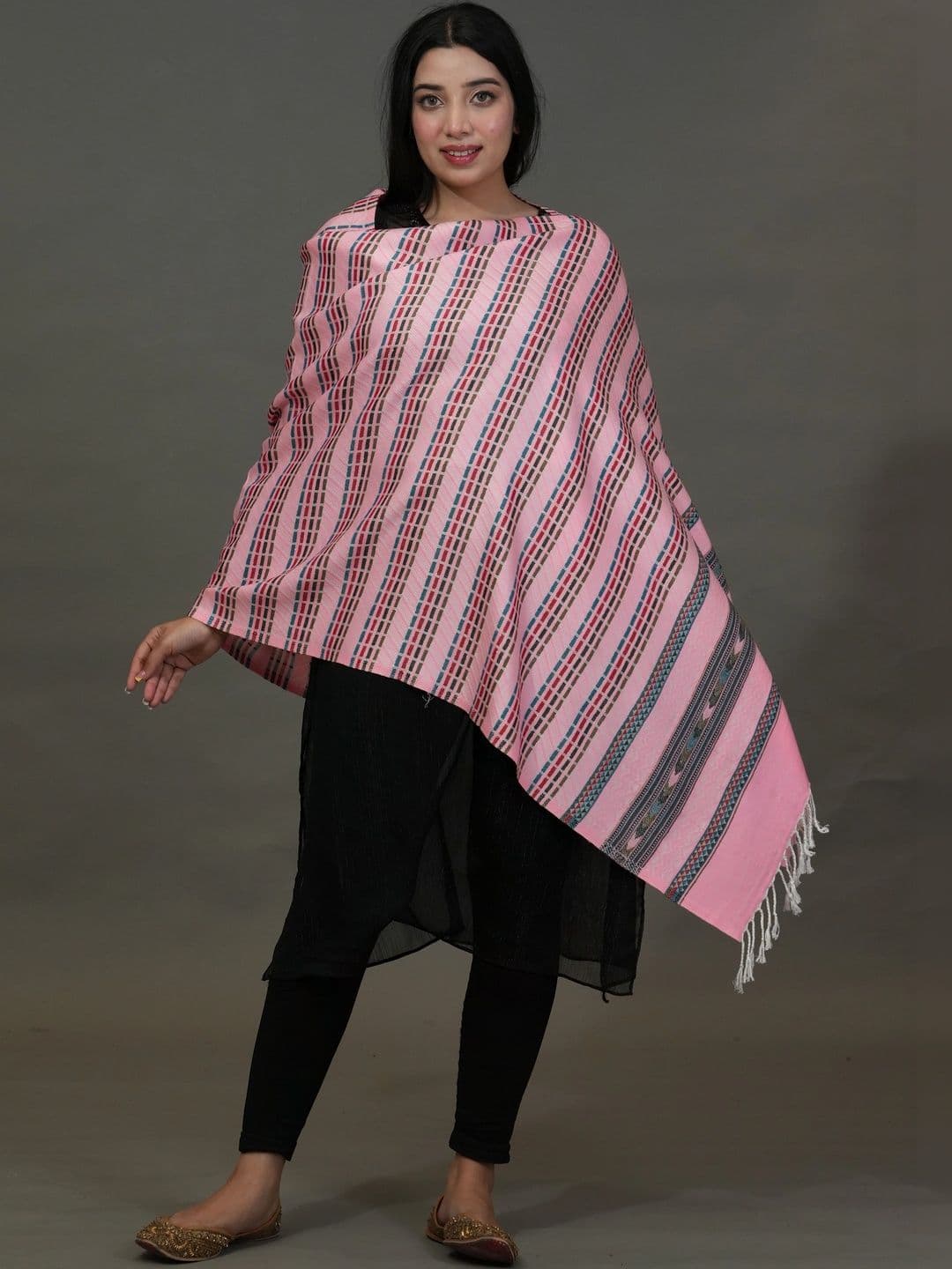SHIFNEEN Women Striped Woven Design Acrylic Shawl thumbnail 3