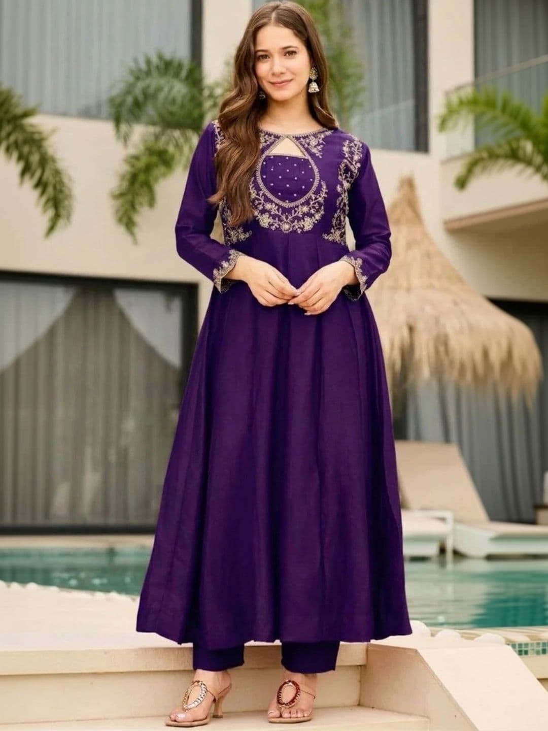 ROZLAND Women Ethnic Motifs Embroidered Regular Thread Work Silk Chiffon Kurta with Trousers & With Dupatta thumbnail 5