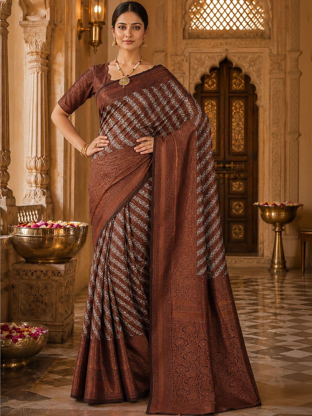 Anjaneya Sarees Woven Design Zari Silk Blend Designer Banarasi Saree thumbnail 4