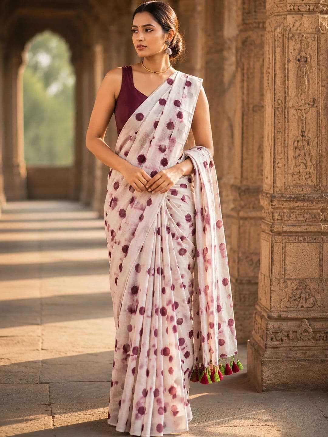 KALINI Polka Dot Linen Blend Designer Block Print Saree thumbnail 6
