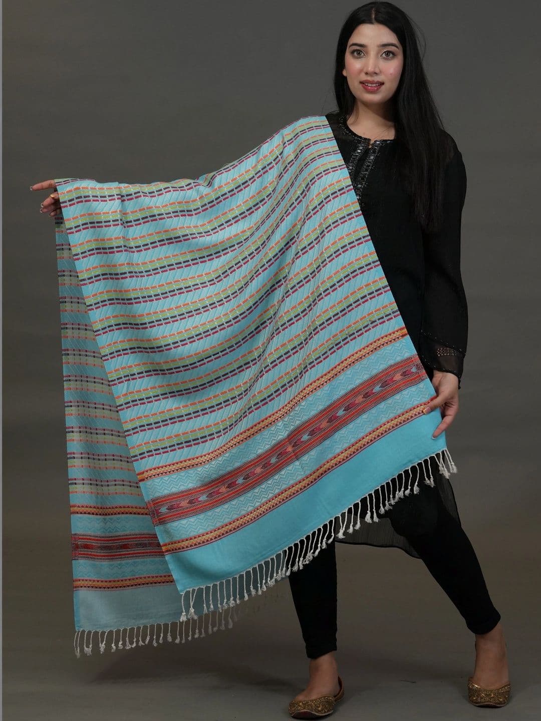 SHIFNEEN Women Striped Woven Design Acrylic Shawl thumbnail 2
