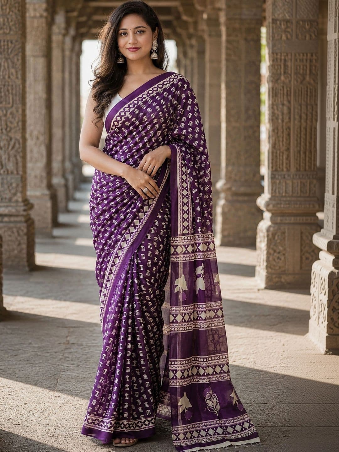 Aldwych Linen Blend Designer Block Print Saree - view 1