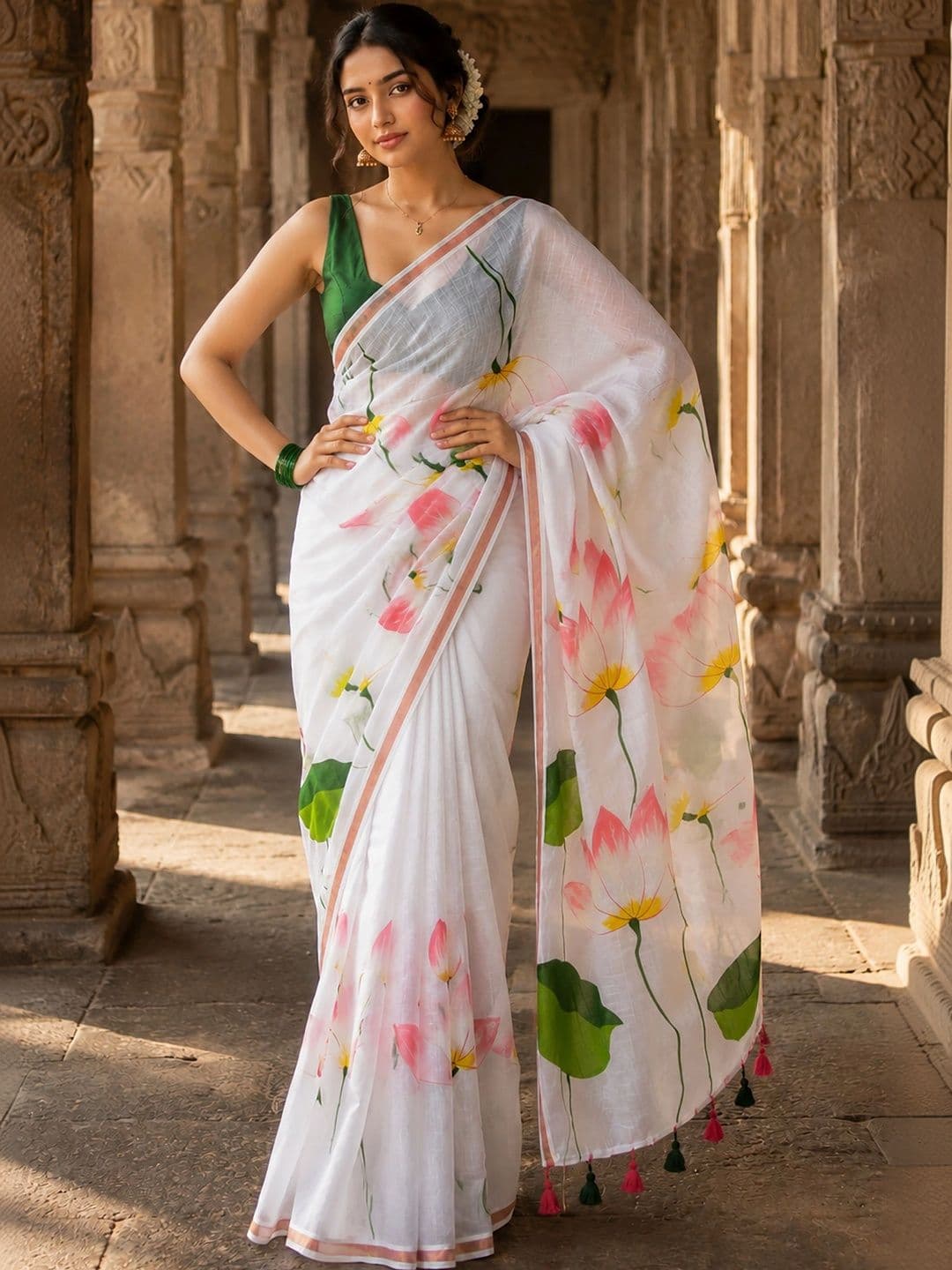 KALINI Floral Linen Blend Designer Block Print Saree thumbnail 5