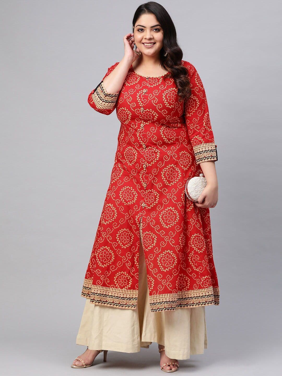 KALINI Plus Size Bandhani Printed Round Neck Cotton Anarkali Kurta thumbnail 5