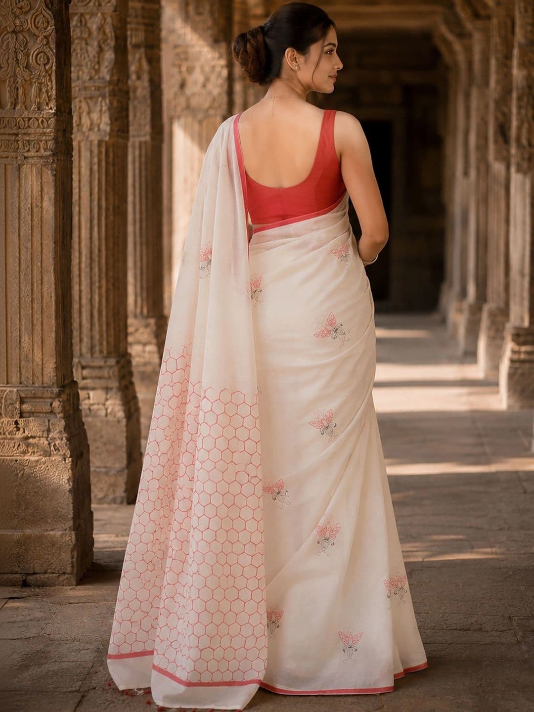 KALINI Linen Blend Designer Block Print Saree thumbnail 3